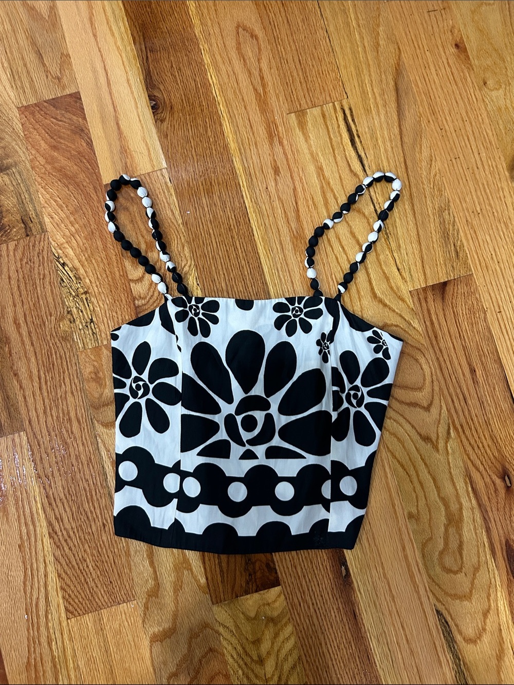 Rose & Olive Black and White Floral Braided-Strap Crop Camisole